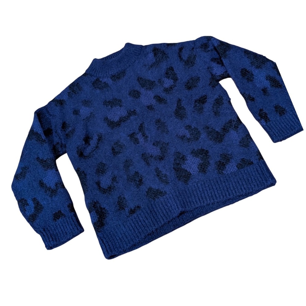 Kate Spade Womens S Wild Ones Blue Black Leopard Alpaca Wool Mock Neck Sweater